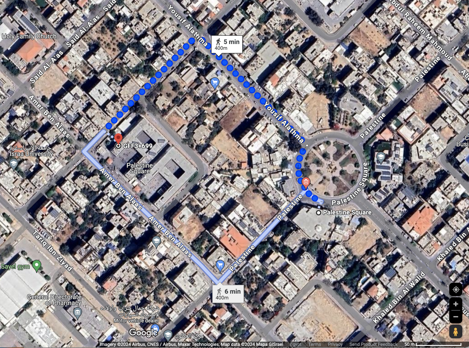 The distance between Palestine Mosque and Al-Ma'mounia Joint School is 500 meters in Al-Rimal neighborhood, north of the Gaza Strip. Source: (Google Earth)