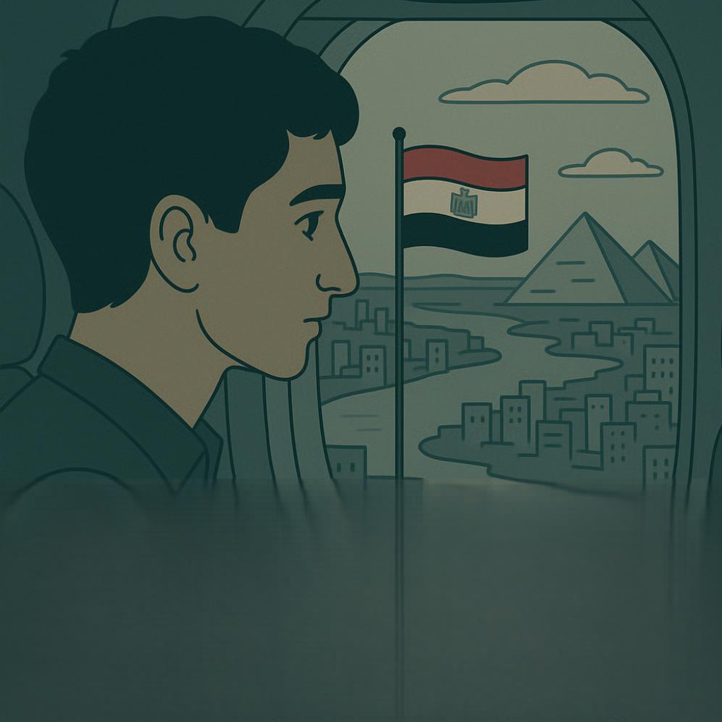 Illustration : un homme regarde par le hublot d’un avion, avec au loin le drapeau égyptien et les pyramides
