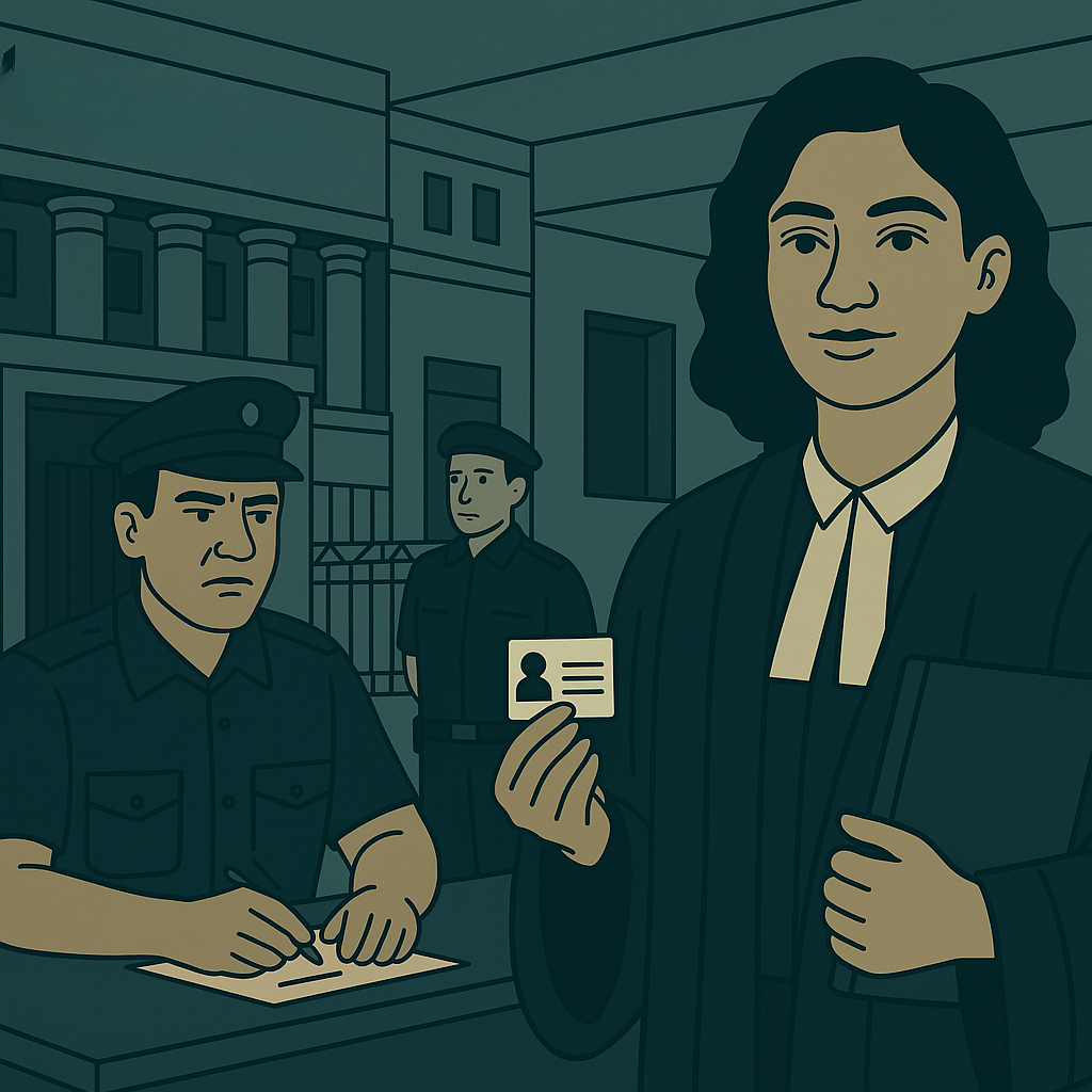 Illustration : une avocate présente sa carte devant un policier qui enregistre les entrées