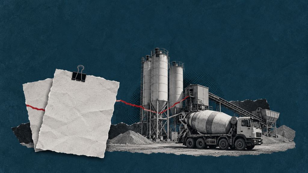 Editorial collage of concrete machinery and contract papers representing disputed equipment ownership.