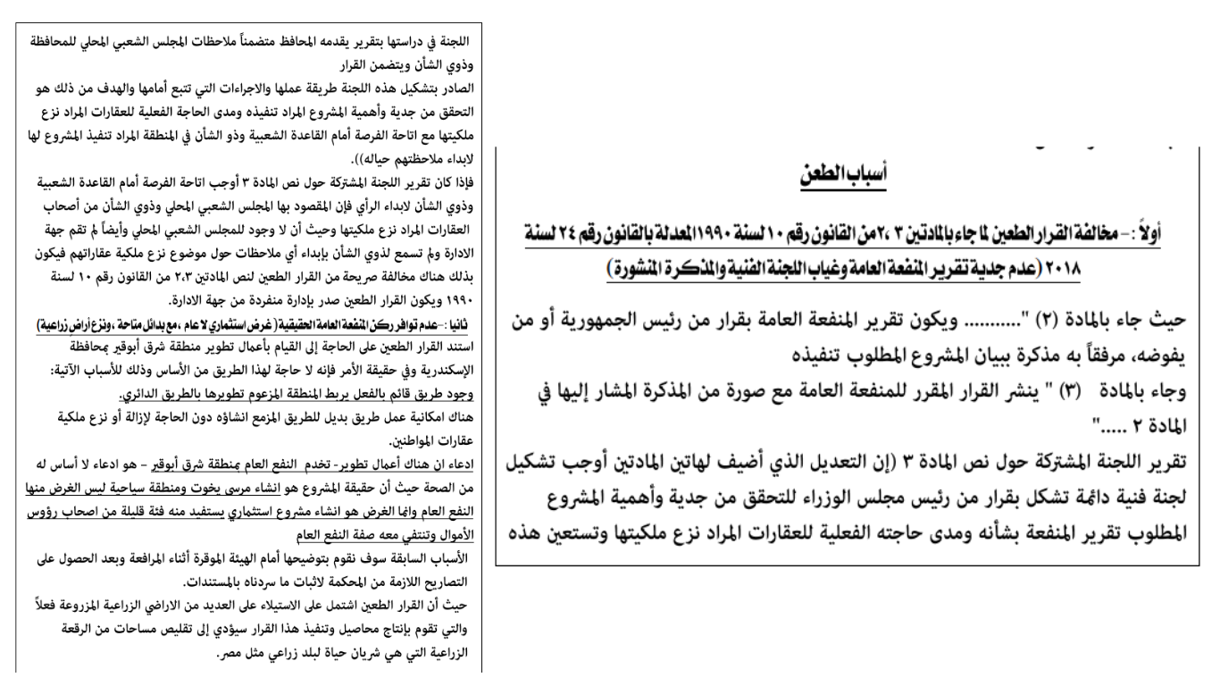 مقتطف من صحيفة دعوى الطعن المقدمة من 62 ساكنًا من أهالي طوسون أمام محكمة القضاء الإداري بالإسكندرية، يكشف أن المشروع الحقيقي هو "إنشاء مرسى يخوت ومنطقة سياحية" لا طريقًا دائريًا، وأن ثمة بديلًا هندسيًا متاحًا لا يستلزم نزع ملكية المواطنين.