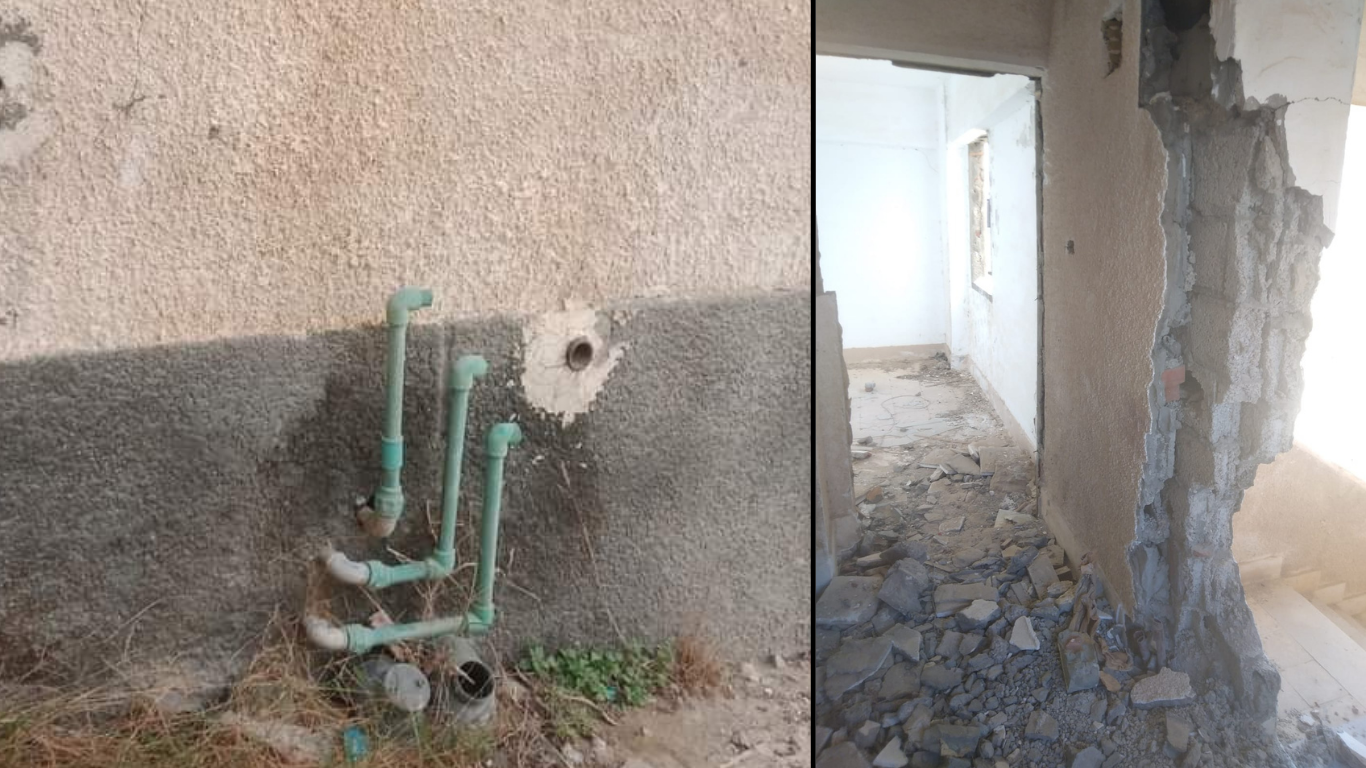 صورة تظهر جانبًا من التخريب الذي لحق بإحدى شقق إسكان الشباب بالكيلو 26 إثر سرقة أبوابها ونوافذها، وأخرى تظهر جانب من تعرض مواسير المياه والصرف الصحي للسرقة