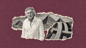 Editorial collage of Bernar Venet, the Giza pyramids and a sculpture, illustrating the Art D’Egypte cultural boycott controversy