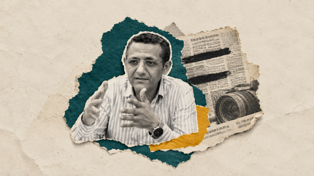 كولاج لخالد البلشي مع قصاصات صحفية وكاميرا، عن حرية الصحافة وحق المجتمع في المعرفة