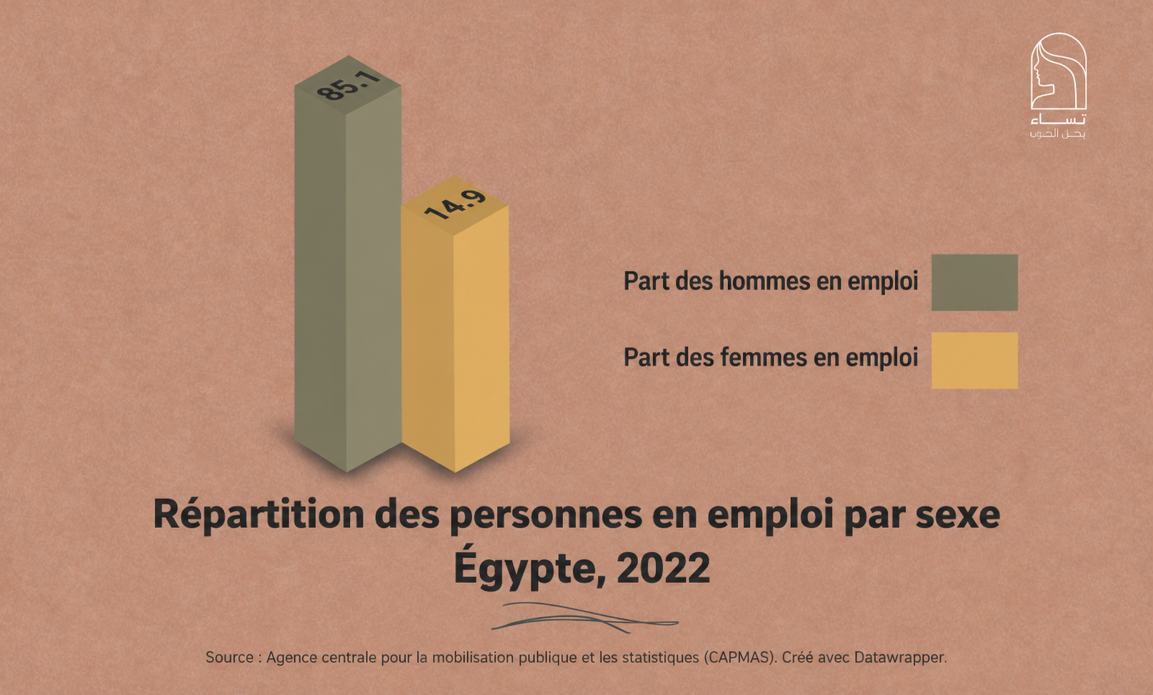 Personnes en emploi en Égypte en 2022 : hommes 85,1 %, femmes 14,9 %.