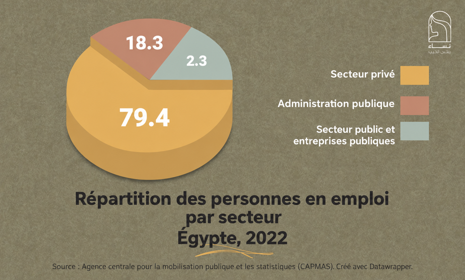 Personnes en emploi en Égypte en 2022 : secteur privé 79,4 %, administration publique 18,3 %, secteur public et entreprises publiques 2,3 %.