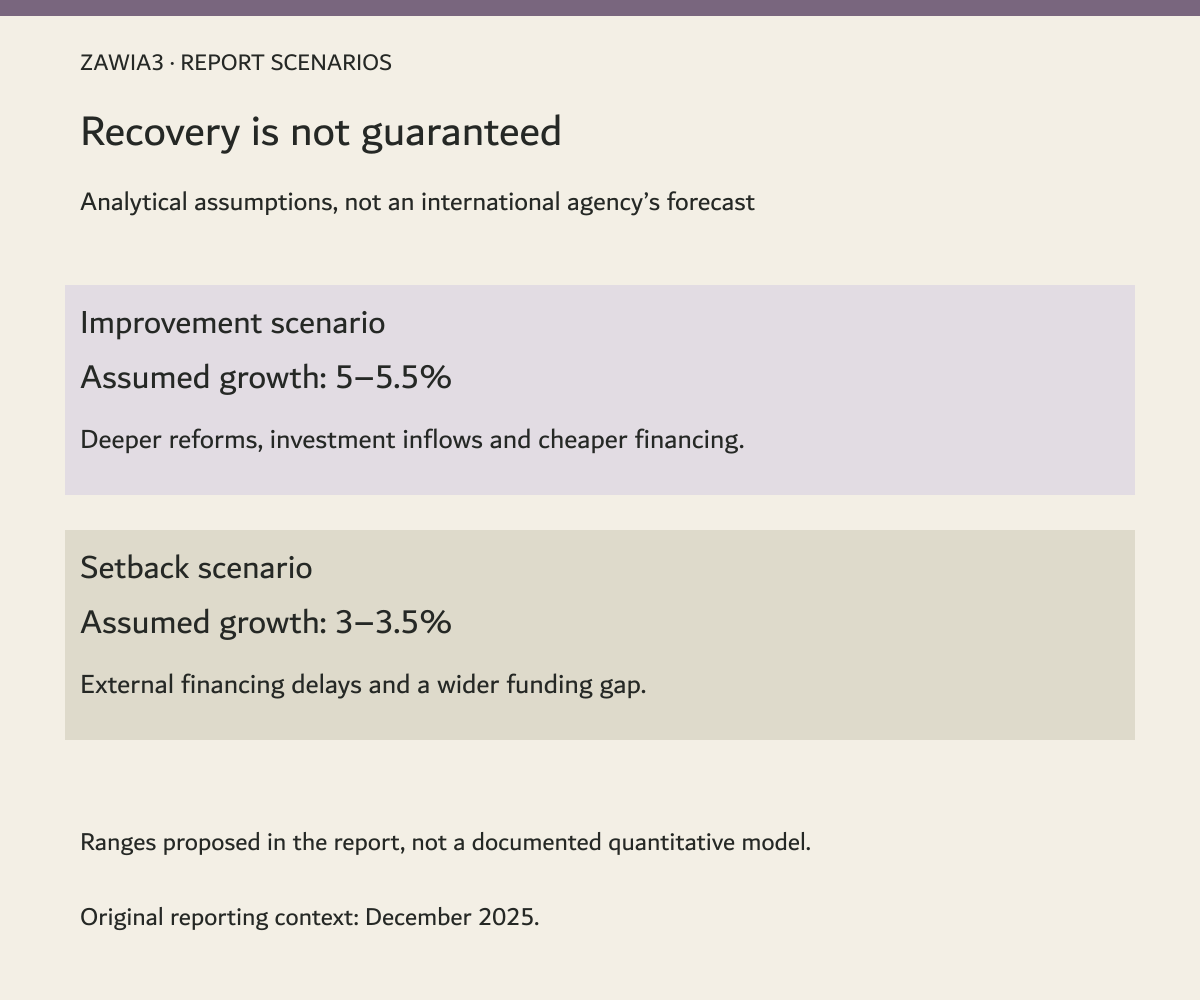 Two analytical scenarios proposed by the original report, distinguished from institutional forecasts