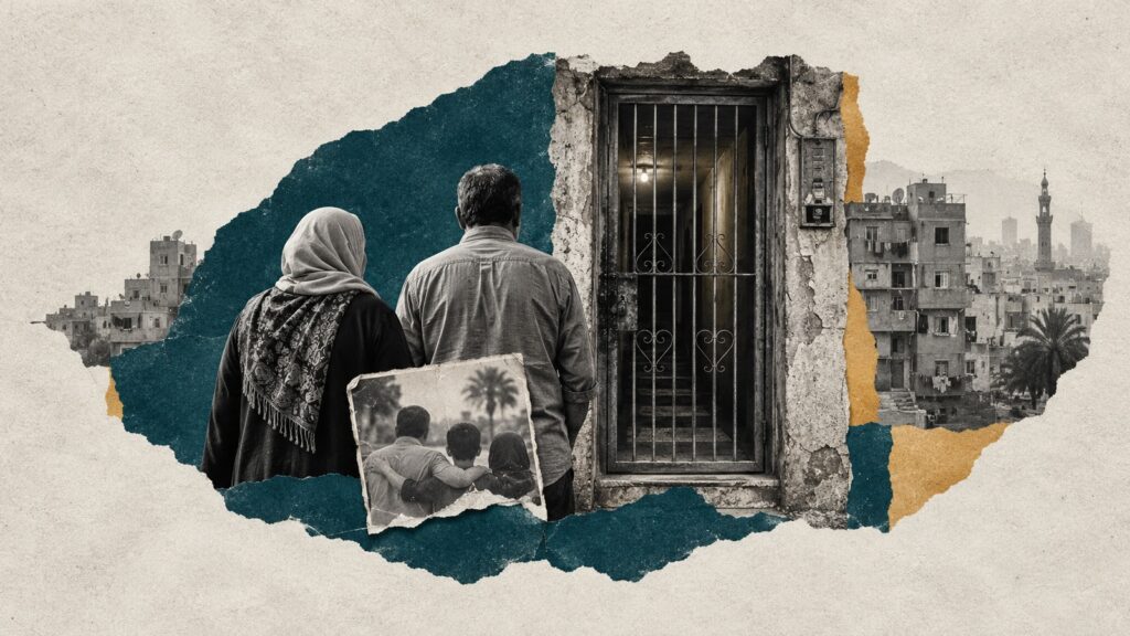 Editorial collage of a family facing a barred doorway in Egypt
