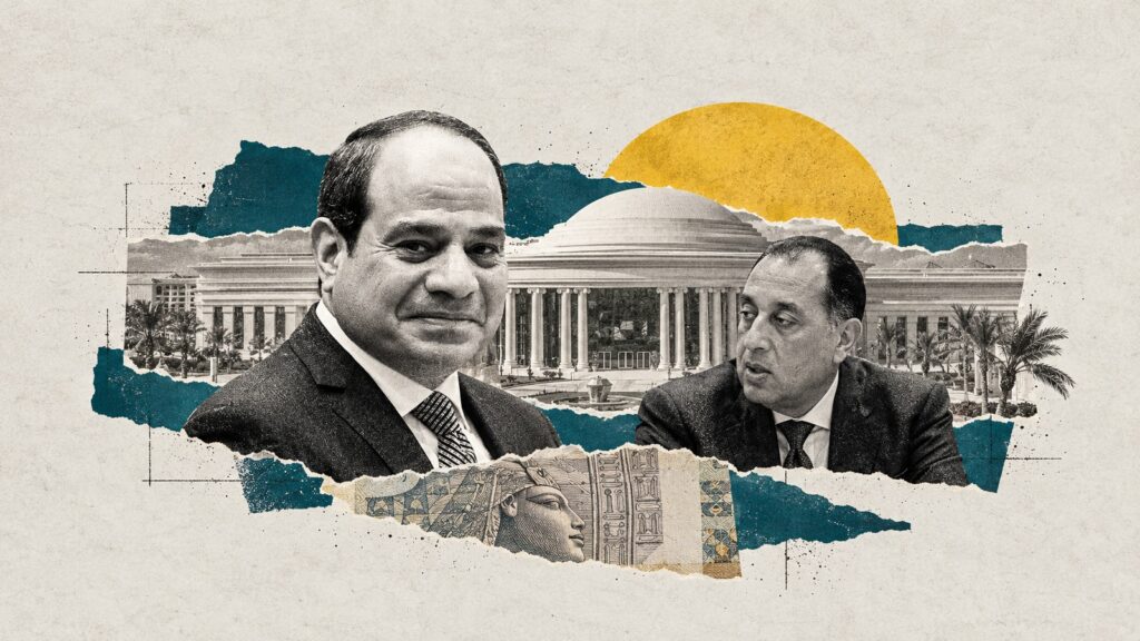 Editorial collage of Abdel Fattah al-Sisi and Mostafa Madbouly with the Egypt Forum venue and an Egyptian banknote.