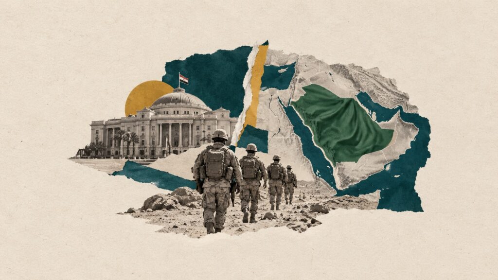 Collage illustrant le débat sur l’envoi de troupes égyptiennes en Arabie saoudite, avec des soldats, un bâtiment institutionnel et une carte de la région.