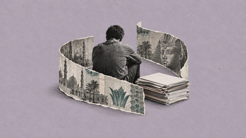 Editorial collage of an anonymous figure encircled by currency paper beside legal documents, representing financial pressure through bail