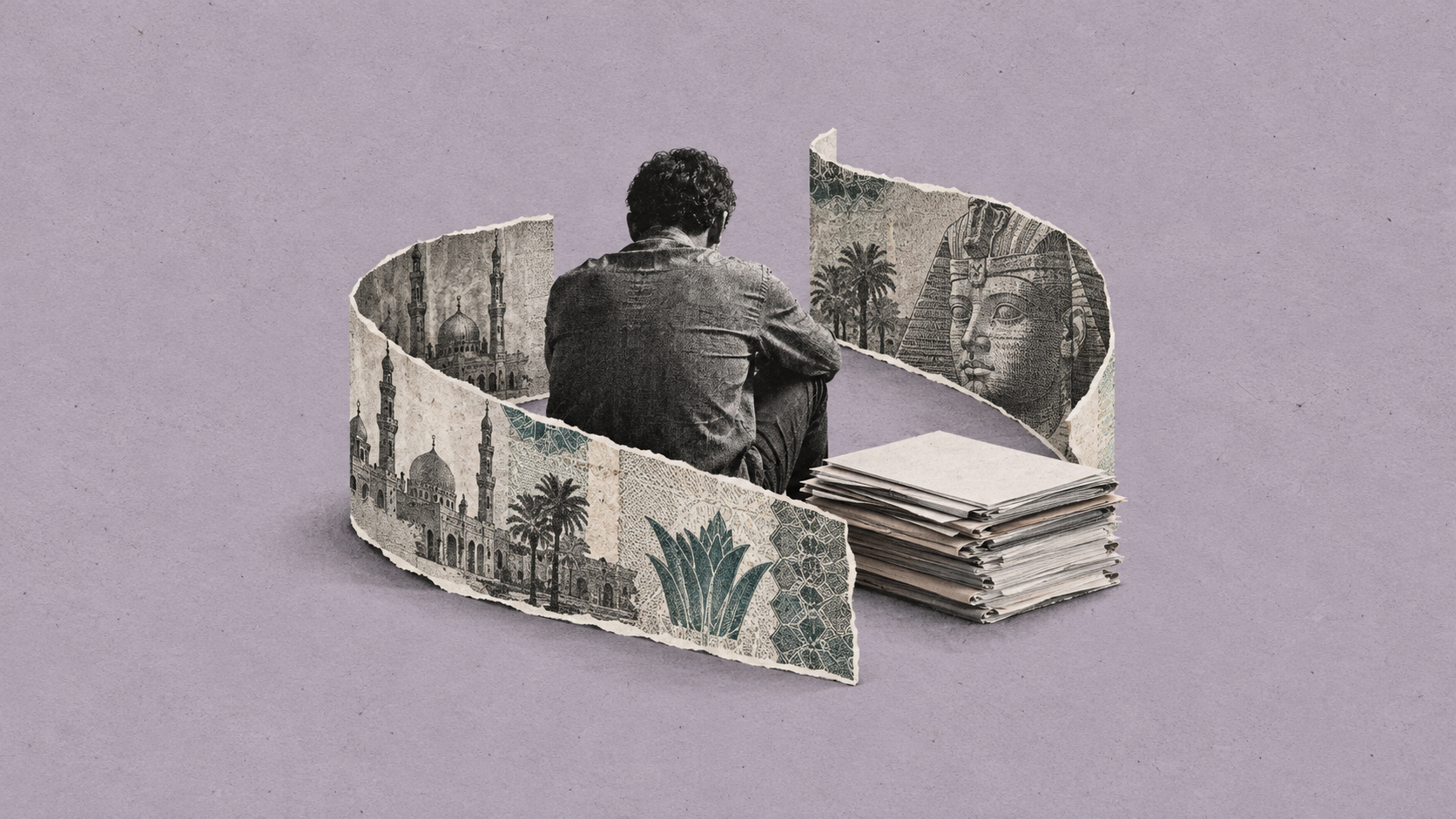 Editorial collage of an anonymous figure encircled by currency paper beside legal documents, representing financial pressure through bail