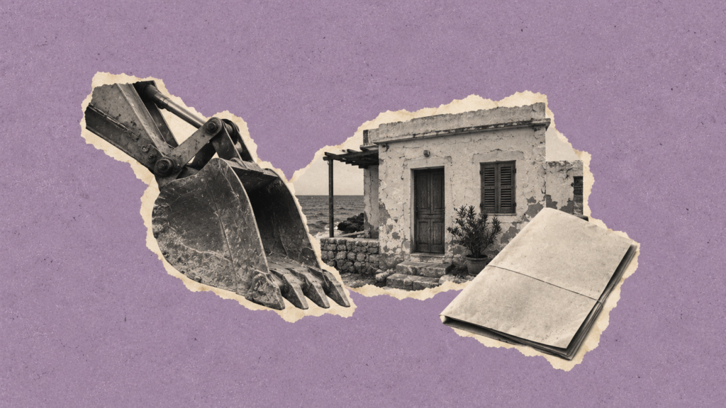 Collage d’une pelleteuse, d’une maison et de documents sur fond violet