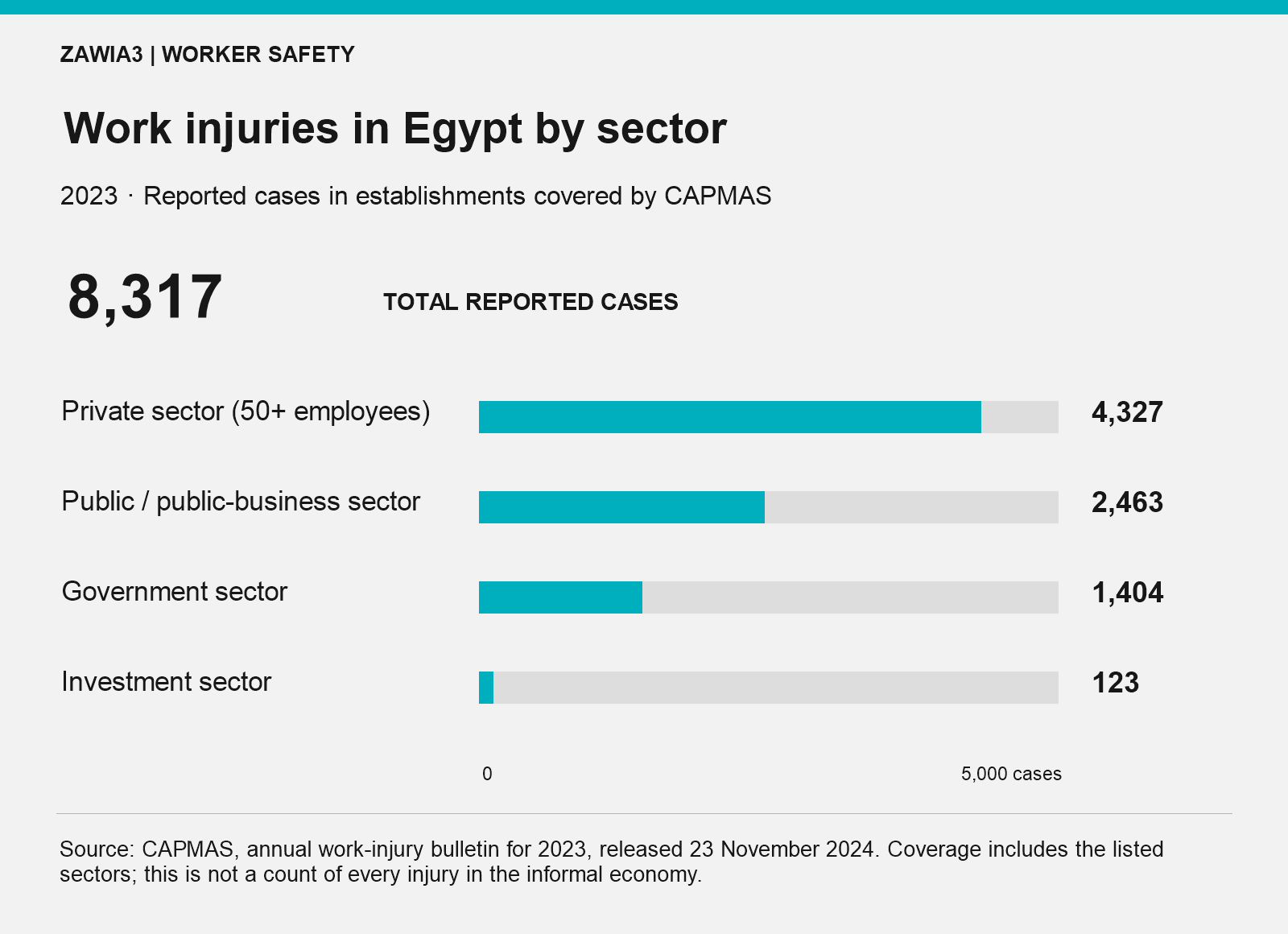 Reported work injuries in Egypt in 2023: private sector 4,327; public and public-business sector 2,463; government 1,404; investment sector 123. Total 8,317.