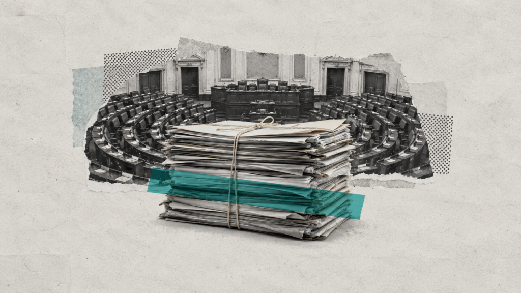 Editorial collage of a parliamentary chamber and tied legislative files, illustrating bills awaiting debate