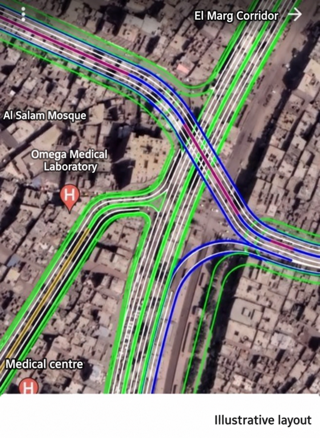 Illustrative El Marg corridor layout with English location labels