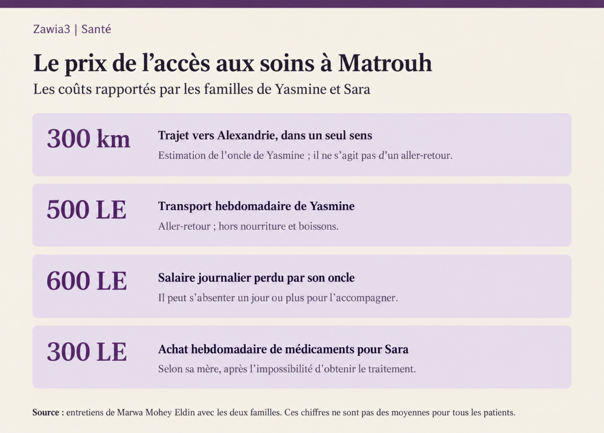 Coûts des déplacements et des traitements rapportés par les familles de Yasmine et Sara.