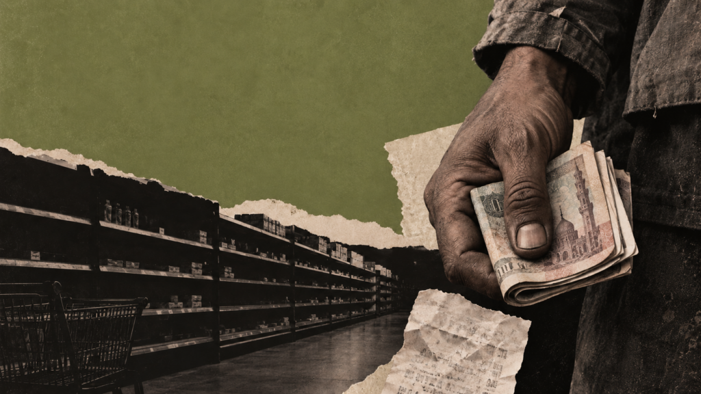 Editorial collage of a worker holding money beside supermarket shelves, in olive, cream and black.
