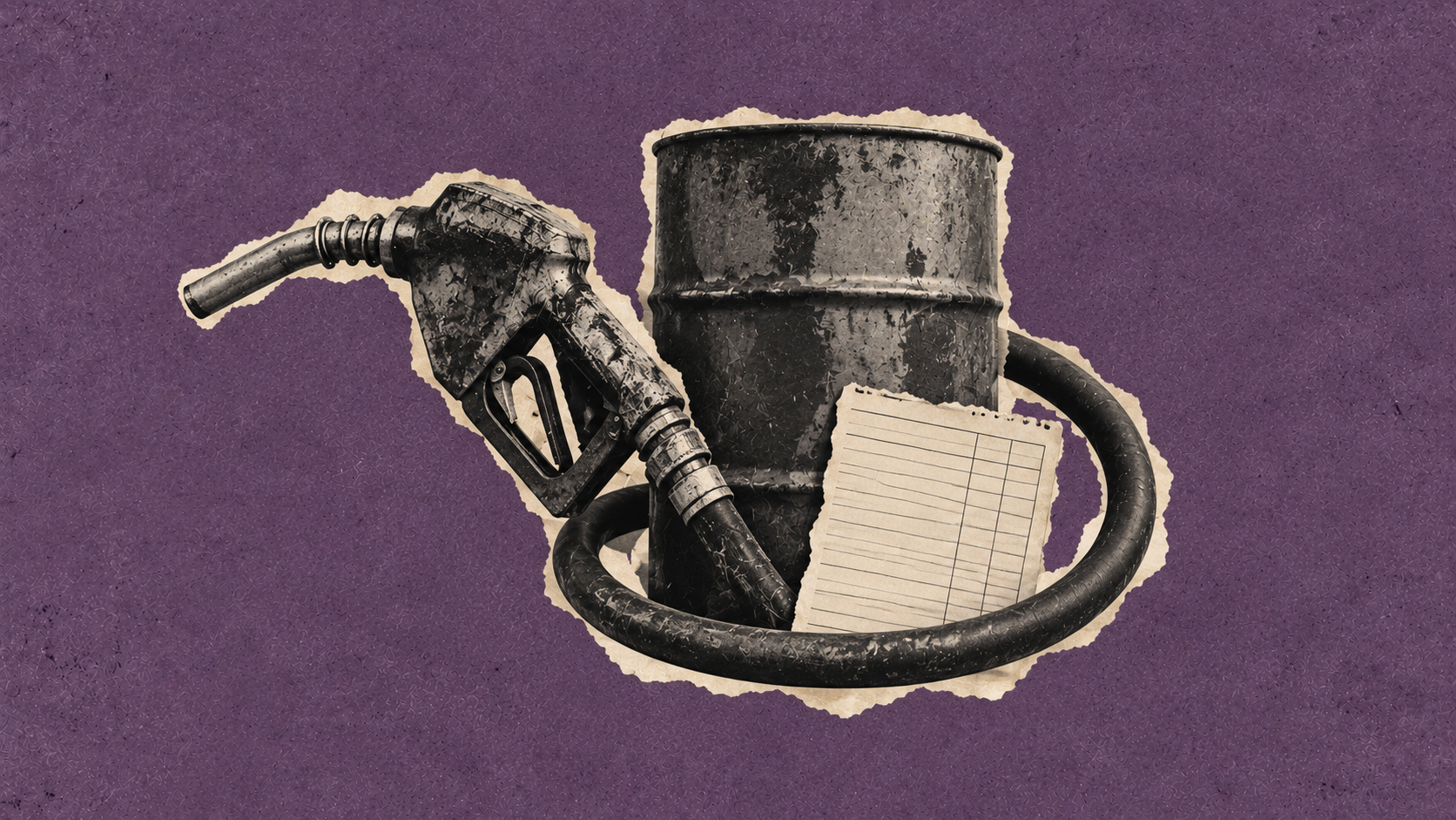 Montage d’un pistolet à carburant, d’un baril et d’une feuille de comptes sur fond violet.
