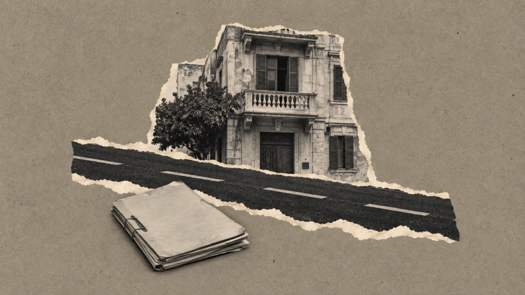 Collage éditorial d’une maison sur le tracé d’une route